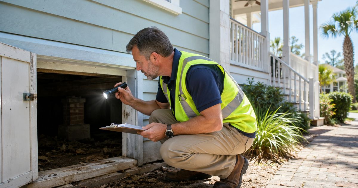 A home inspector examining the exterior and crawlspace of a Lowcountry house
