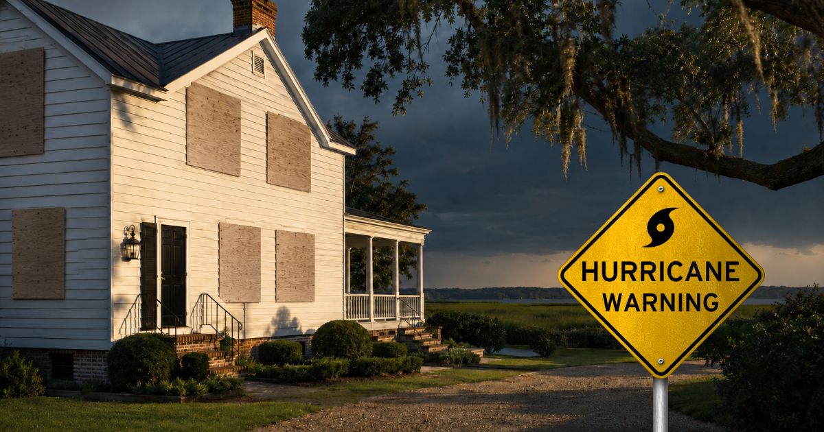 A classic Charleston home buttoned up and ready as storm clouds gather over the Lowcountry marsh
