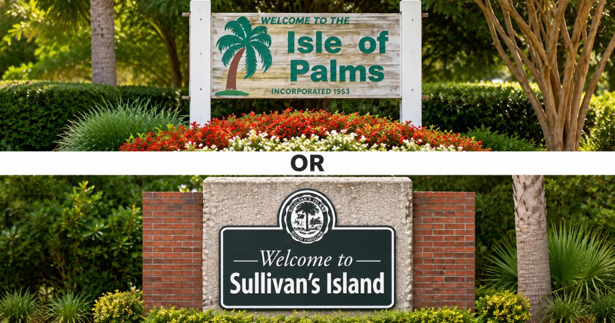 Split view of the lively Isle of Palms front beach beside a quiet residential street on Sullivan's Island
