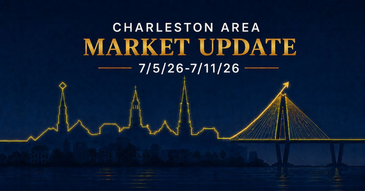 Charleston Area Market Update graphic for July 5 to July 11, 2026, with a glowing gold skyline silhouette of downtown Charleston steeples and the Ravenel Bridge on a navy background