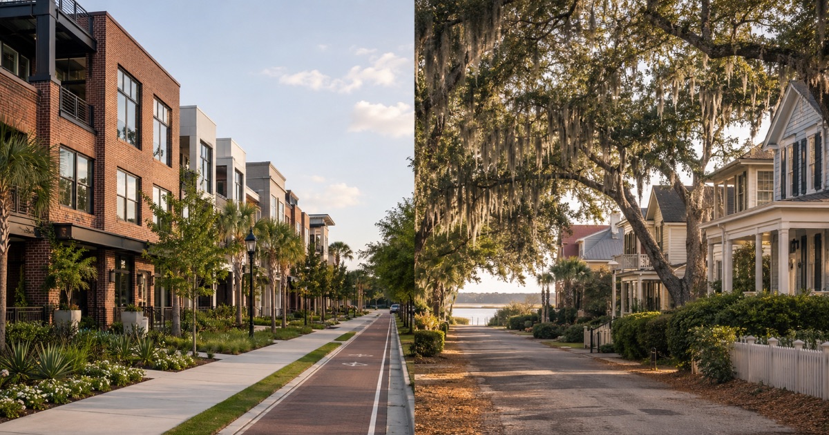 Split view of a modern walkable Daniel Island town center beside an established oak-lined Mount Pleasant street