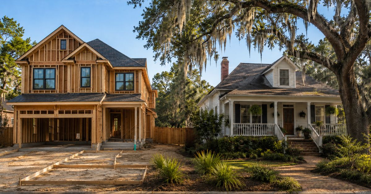 A newly built Lowcountry home under construction beside an established, oak-shaded Charleston-area house