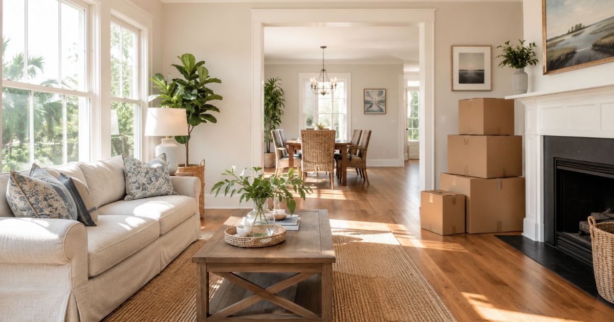 Moving boxes in a bright living room of a Charleston-area rental home