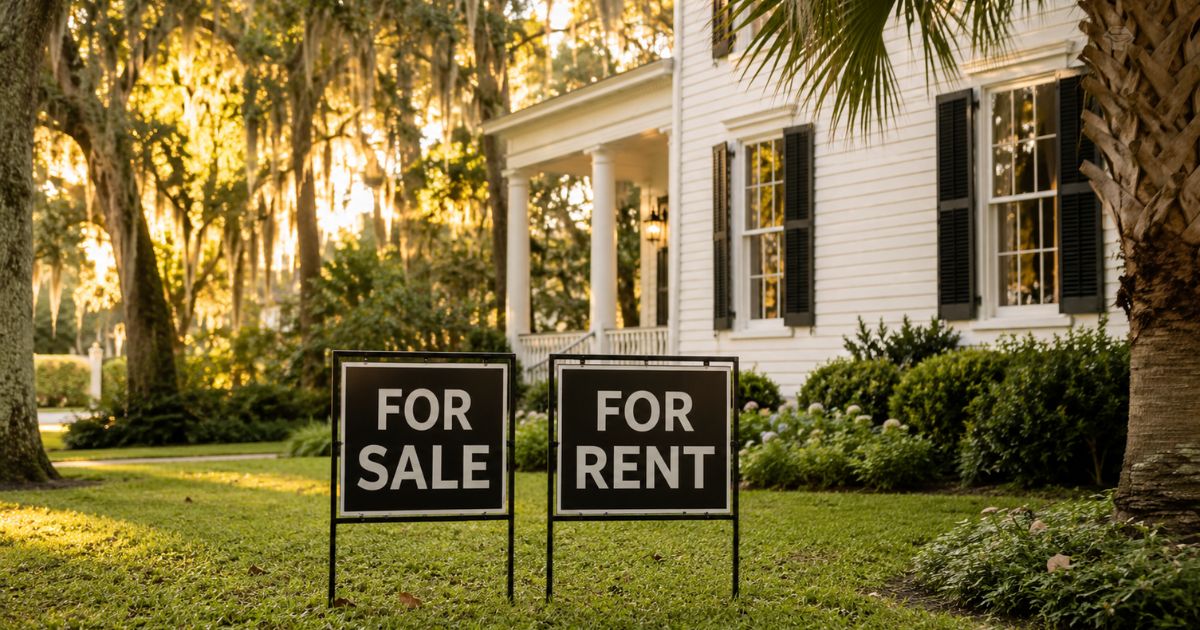 A Charleston home front yard with two real estate signs, one reading for sale and one reading for rent