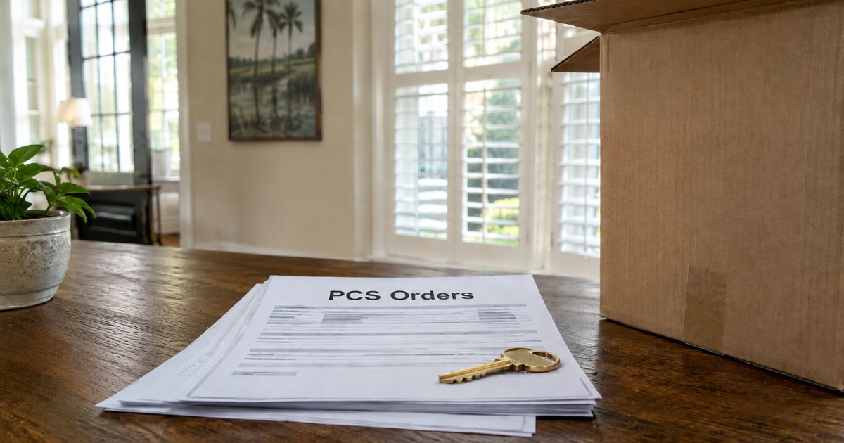 PCS orders and a house key on a desk beside a moving box in a Charleston-area home