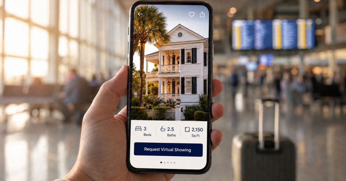 A smartphone showing a Charleston single house, held up against a softly blurred travel background