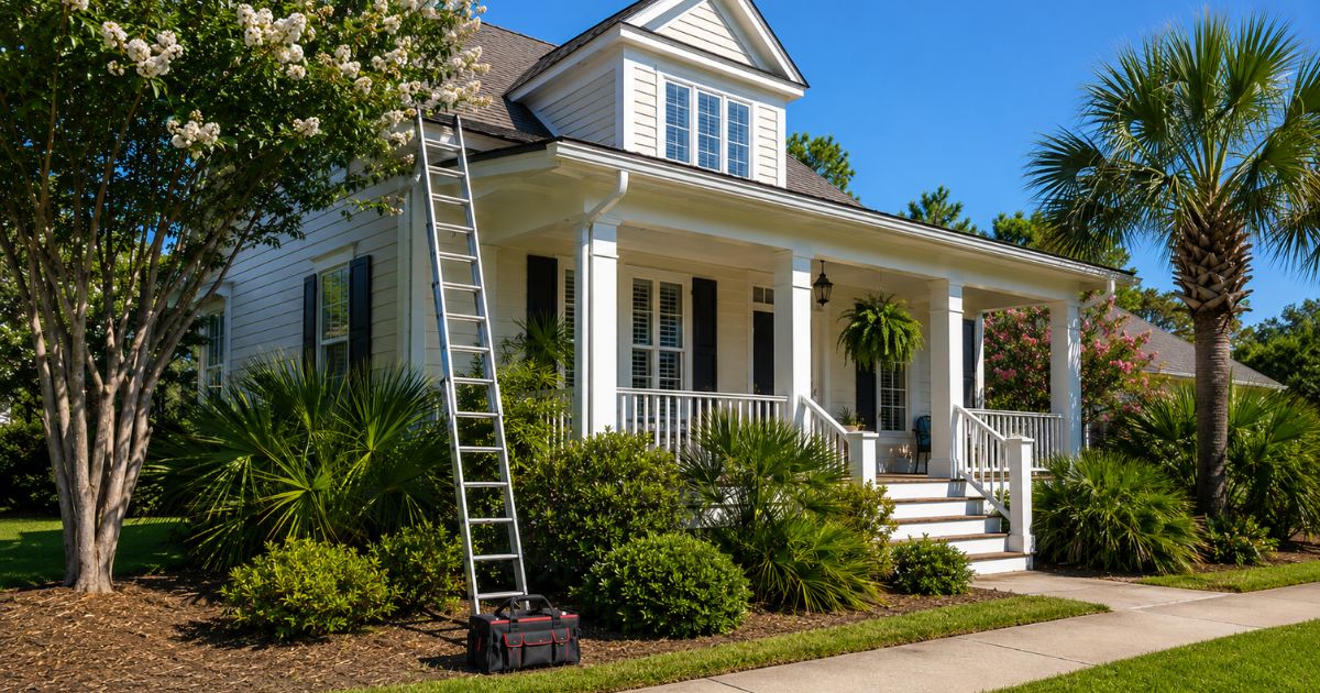 A Lowcountry home exterior on a bright summer day with lush green landscaping