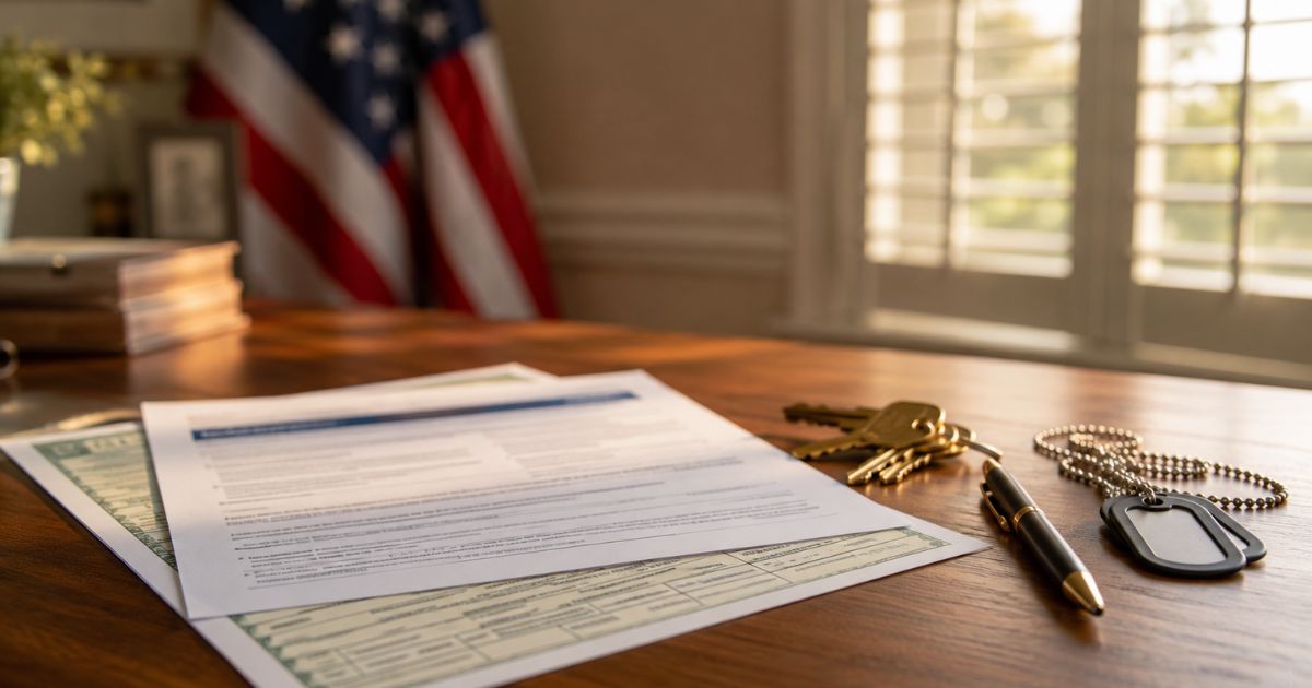 A VA loan pre-approval letter and military discharge paperwork with house keys on a warm desk in golden light