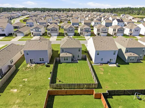 Aerial view of the backyard and surrounding Pine Hills community
