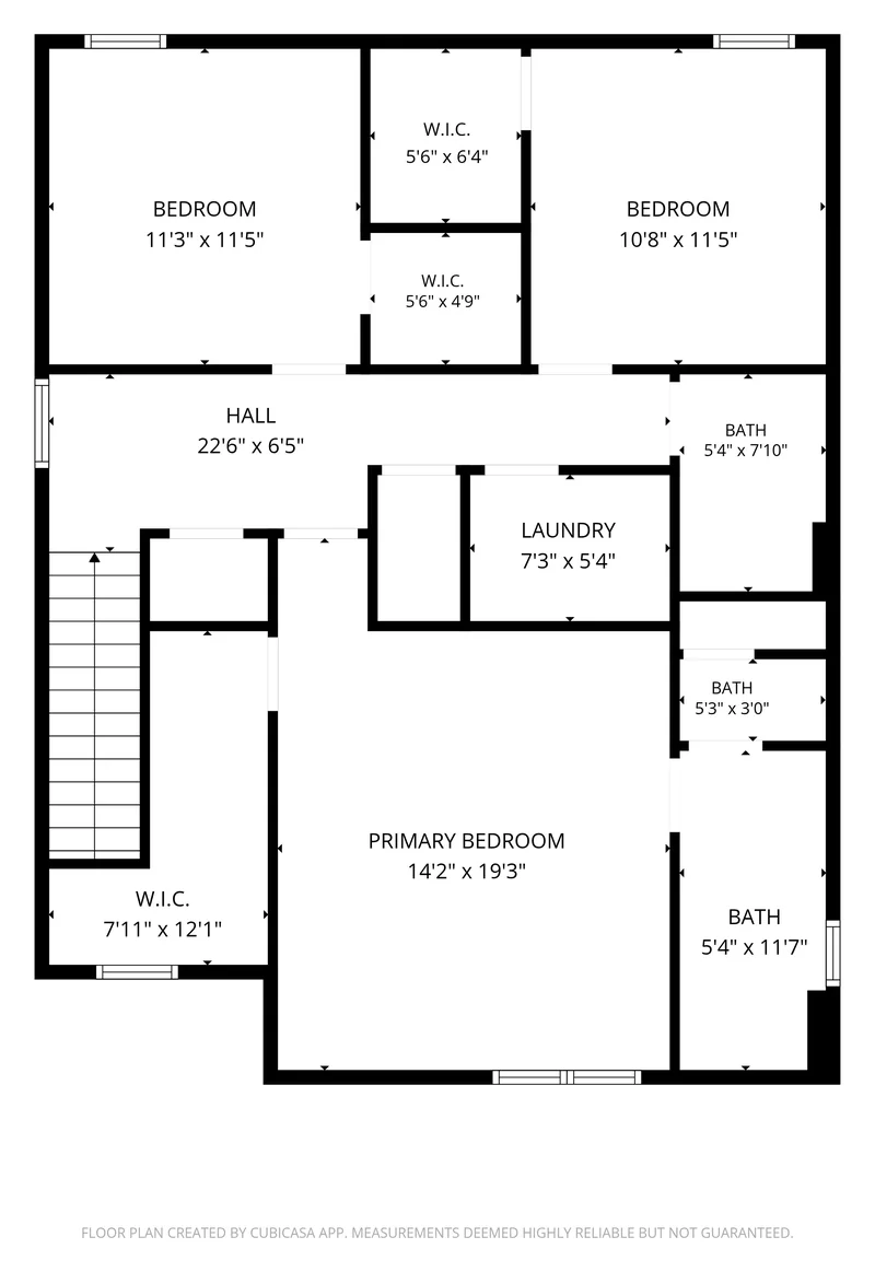 Second floor plan: primary suite with walk-in closet and bath, two bedrooms with walk-in closets, hall bath, and laundry